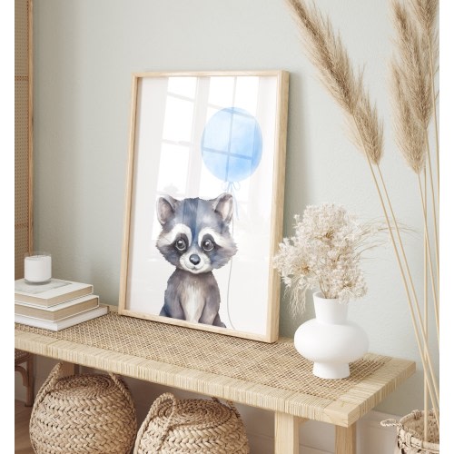 Raccoon Nursery Print, Baby Raccoon Poster, Raccoon Blue Balloon Art, Woodland Animals Wall Art, Nursery Decor, Baby Shower, Printable