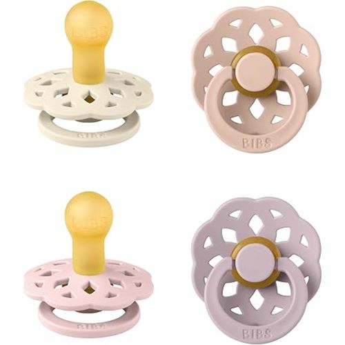BIBS Boheme Soother 4-Pack. BPA Free Dummy Pacifier, Round Nipple. Natural Rubber Latex, Made in Denmark, Size 1 (0-6 Months), Dusky Lilac Mix