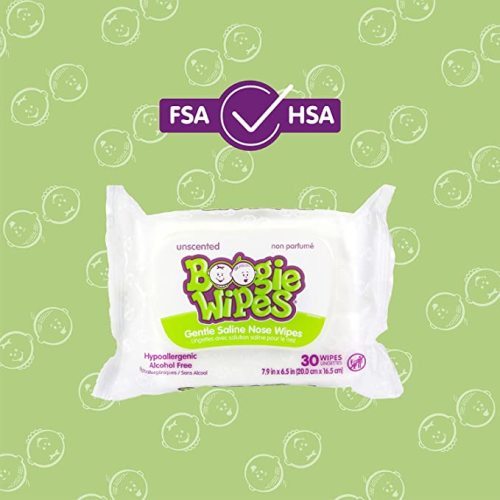 Saline Nose Wipes by Boogie, for Baby & Kids, Face, Hand & Body, FSA/HSA Eligible, Made with Vitamin E, Aloe, and Natural Saline, Unscented, 30 Count (Pack of 6)