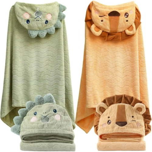 Cuopluber Baby Hooded Towel, 27.5"x 55" Infant Bath Towels with Hood, Toddler Towels Ultra Absorbent Soft Thick Coral Kids Bath Towel for Newborns, Infants, Toddlers (Dinosaur + Lion)