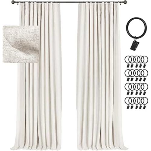 INOVADAY Blackout Curtains, 2-Panel Linen Textured 100% Thermal Insulated Room Darkening Sun Blocking Drapes for Bedroom, Nursery, Living Room + 20 Curtain Ring Clips - Beige, W50'' x L102''