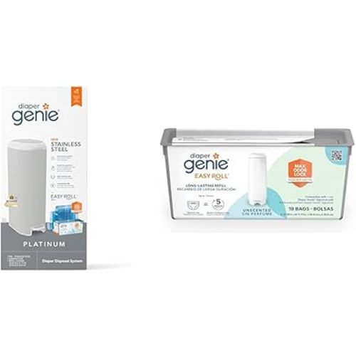 Bundle of Diaper Genie Platinum Pail (Stone Grey) + Easy Roll Refill (18 Bags)