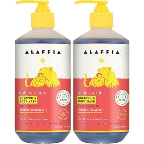Alaffia Babies and Kids Shampoo and Body Wash, Gentle and Calming Support for Soft Hair and Skin with Shea Butter, Neem, and Coconut Oil, Fair Trade, Coconut Strawberry, 16 Fl Oz (Pack of 2)