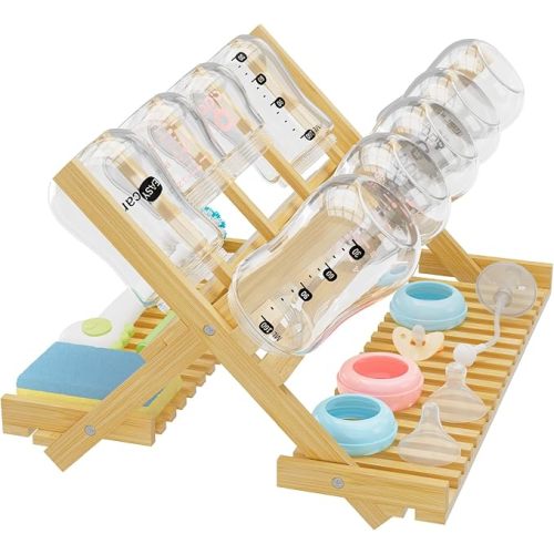 DSVENROLY Baby Bottle Drying Rack Foldable Vertical Bamboo Milk Bottle and Accessories Organizer for Busy Parents, Maximizes Space, Quick Drying, Easy Cleanup & Storage (Bamboo)