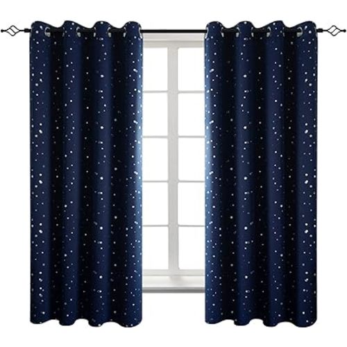 BGment Kids Blackout Curtains for Bedroom - Grommet Thermal Insulated Room Darkening Silver Star Printed Curtains for Living Room, Set of 2 Panels (52 x 63 Inch, Navy Blue)