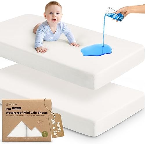 2-Pack Waterproof Pack and Play Sheets, Mini Crib Sheets Fitted for Boy, Girl - 38 x 26 Viscose From Bamboo Pack N Play Mattress Sheets for Graco, Toddler Playard Baby Crib Sheets Neutral (Soft White)