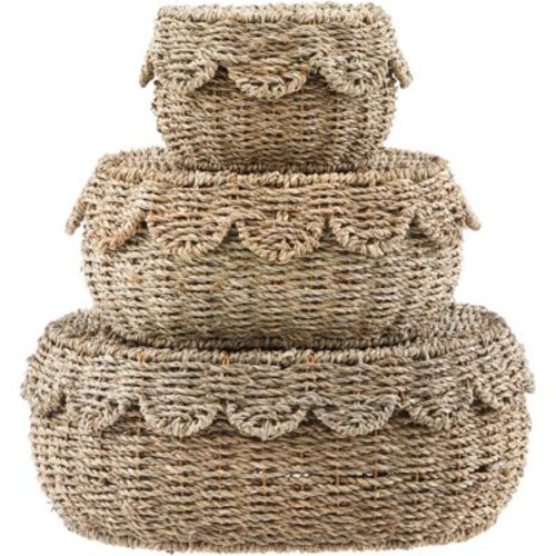 Set of 3 Scalloped Baskets with Lids 10/13/14 Inch Hand Woven Storage Wicker Baskets for Baby Shower Gifts Baby Diaper Organizer for Nursery Room(Sea Grass)