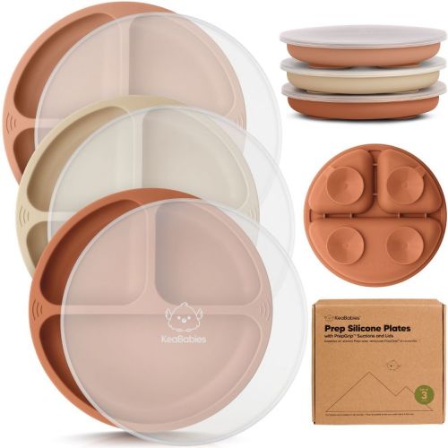 3-Pack Prep Suction Plates with Lids, 100% Silicone Baby Plates with Lid, BPA-Free Kids Divided Toddler Plates (Terracotta)