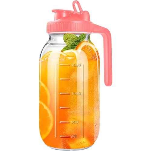 64oz Glass Pitcher with Lid, 2 Quart Mason Jar Pitchers with Lid and Spout, Wide Mouth Breast Milk Pitcher Glass Jug Sun Tea Pitchers, Cold Brew Coffee pitcher, Fridge Container for Water, Juice, Tea