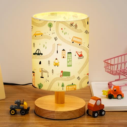 VIHOSE Transportation Kids Table Lamp for Bedroom Kids Bedside Lamp with Linen Wooden Nightstand Cartoon Nursery Decor Lampshade for Girls Boys Living Room