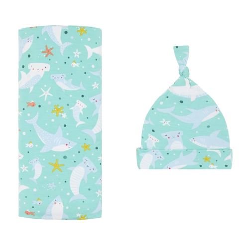 Little Sleepies Swaddle & Hat Set, Baby Swaddles Newborns, Soft Viscose from Bamboo Swaddle Blanket Wrap (Shark Soiree)