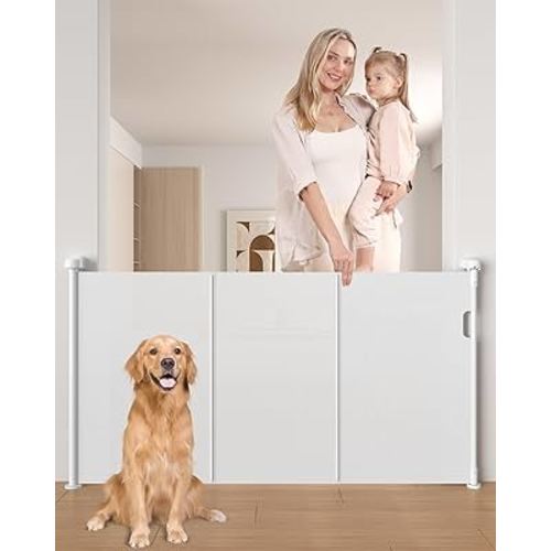 Likzest 2024 New Launch and Latest One-Handed Operation Retractable Baby Gates, 33" Tall x 55" Wide, Mesh Baby and Pet Gate with Reinforcing Rod for Stairs Doorways Hallways, Indoor and Outdoor, White
