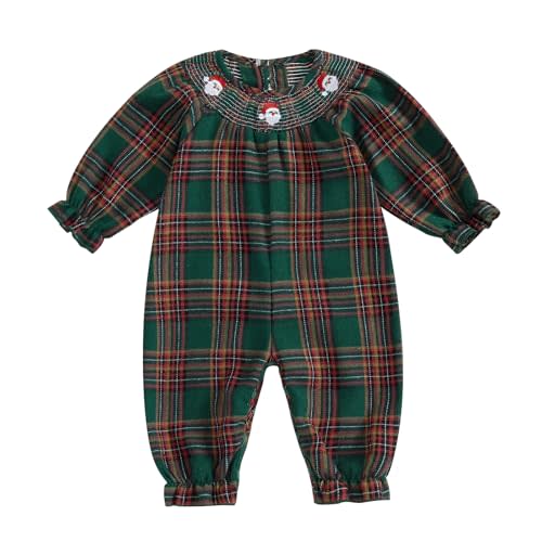 My First Christmas Baby Girl Outfit Santa Print Plaid Puff Sleeve Smocked Bubble Romper Frill Trim Ruffle Jumpsuit