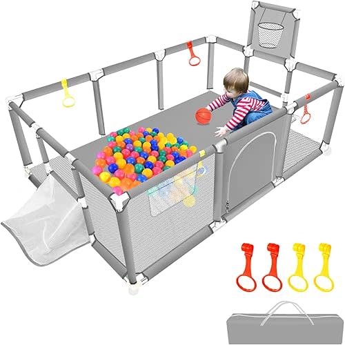 74"×50" Large Playpen for Babies and Toddlers, Kids Playyard with Basketball Hoop & Football Nets, Comes with a Storage Carry Bag, Pull Up Rings, Sturdy Safety Play Pen w/Soft Breathable Mesh (Grey)