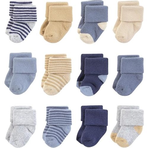 Hudson Baby Baby Infant Boy Cotton Rich Newborn and Terry Socks, Blue Brown Stripes, 6-12 Months