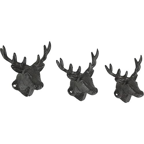 Set of 3 Rustic Brown Cast Iron Deer Head Wall Hooks for Lodge and Cabin Decor - 4.25 Inches Long - Antique Brown Hooks for Coats, Robes, Towels, and Keys