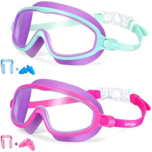 Seago Swim Goggles 2 Pack Anti-Fog Anti-UV Wide View Swimming Goggles for Kids 3-15