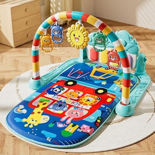 Baby Gyms Play Mats, Play Piano Gym Mat, Activity Mat for Tummy Time with 5 Infant Learning Sensory, Music and Lights for Newborns and Toddlers (Dark Blue)