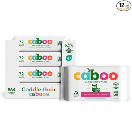 Caboo Baby Wipes, Made with Bamboo Viscose, Certified Made Safe Ingredients, Unscented Baby Wipes Good for Sensitive Skin, 72 Wipes Per Travel Pack, Bulk Total of 864 Wet Wipes