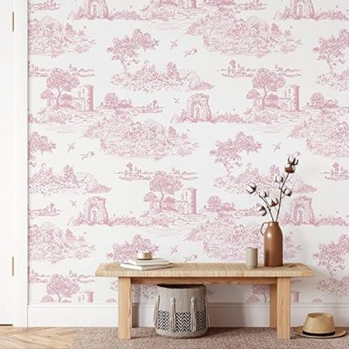 WENMER Pink Toile Peel & Stick Wallpaper for Bedroom, Self-Adhesive White and Pink Vintage French Country Wallpaper for Girls Room, Toile Contact Paper for Cabinet 17.7" X 236"