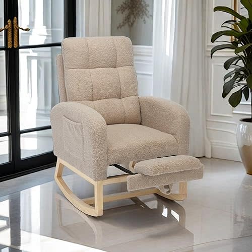 Nursery Rocking Chair with Adjustable Footrest for Living Room - Teddy Fabric, Solid Wooden Legs, Comfortable Lounge Armchair with High Backrest and Side Pockets (Modern, Light Coffee)