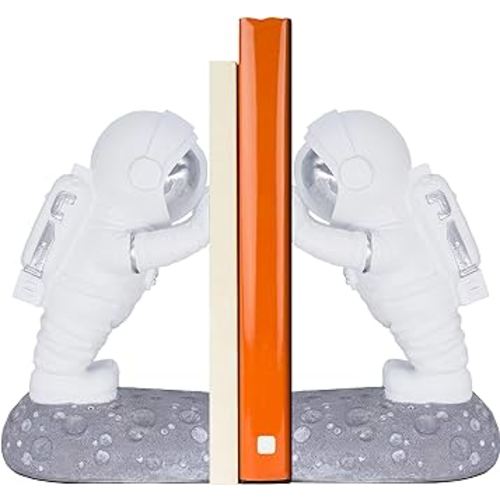 Astronaut Bookends - Space Decor Bookends for Kids Rooms - Kids Book Ends for Shelves - Bookends for Heavy Books - Unique Astronaut Decor Book Holders with Anti-Slip Base (Reflective Silver)