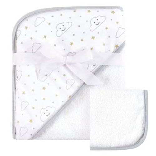 Hudson Baby Infant Cotton Hooded Towel And Washcloth 2pc Set, Gray Clouds, One Size