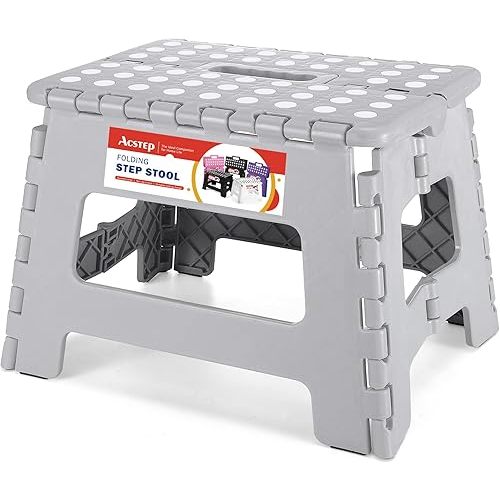 ACSTEP Folding Step Stool 9'' Foldable Step Stool for Kids and Adults Up to 300 lbs, Non-Slip Folding Stools with Portable Handle for Bedroom Kitchen, Bathroom Grey