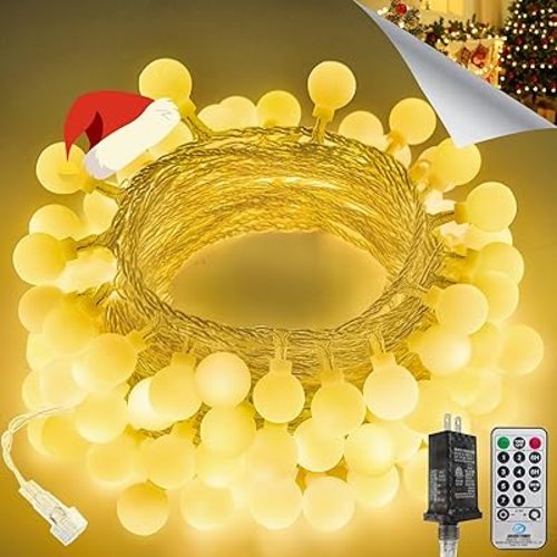 LORRYTE Connectable 43FT 100LED Globe String Lights | 8 Modes Warm White Christmas String Lights Plug in with Remote | Hanging Fairy Light for Indoor Outdoor Bedroom Party Christmas Tree Decor