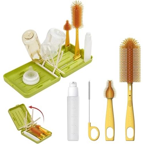 Travel Bottle Cleaner Kit with Extendable Liquid Silicone Bottle Brush, Nipple Brush, Straw Brush, Soap Dispenser, Drying Rack and Organizer Box, BPA Free - Green