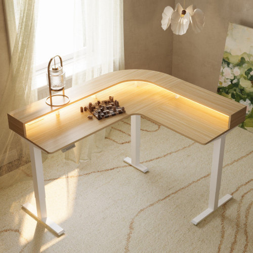 Inbox Zero 63" X 55" Electric L-Shaped Standing Desk With LED Lighting, Power Outlets, 2-Tier Height Adjustable Sit-Stand Corner Desk With Power Strip Holder | Wayfair