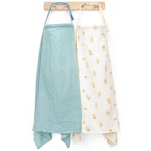 Muslin Nursing Cover for Breastfeeding, Privacy Breathable Breastfeeding Cover with Arch Neckline for Mom, 100% Cotton Nursing Apron, Floral and Light Green
