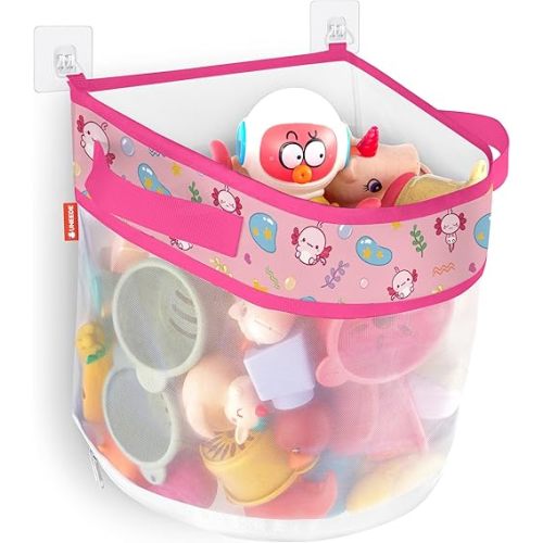 UNEEDE Axolotl Print Bath Toy Storage,4.15 Gallons Bathtub Toy Storage Organizer,Bath Toy Holder for Bathtub Organizer and Storage,Quick Dry Bath Toy Organizer,Mesh Shower Caddy,Pink Axolotl Sutff