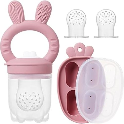 Silicone Baby Fruit Feeder with Freezer Tray Baby Food Feeder Popsicle Molds for Teething Relief Includes Extra Food Pouches (Dark Pink)