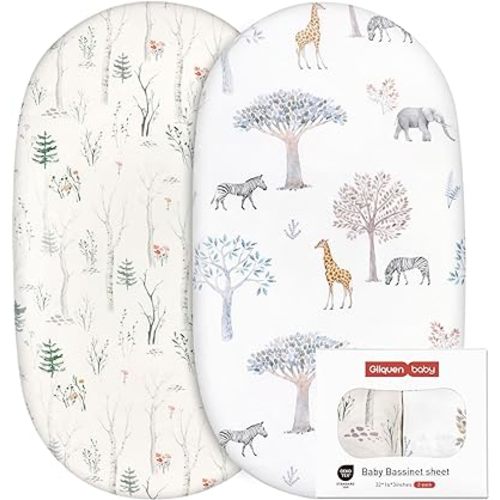 Gllquen Baby Bassinet Crib Sheets Set, Breathable Cozy Fitted Mattress Sheet, Elastic Travel Crib Fashionable Floral Pattern, Standard Cradle Safe Sheets for Baby Boy Girls 32"X16" (Forest)