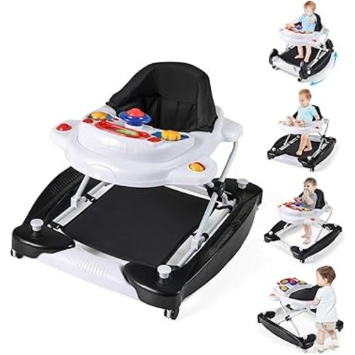 BABY JOY 6-in-1 Baby Walker, Foldable Baby Walker with Wheels, Adjustable Height, Music, Lights, Bouncer & Rocker Mode, Baby Walkers for Boys Girls 6-14 Months (Black)