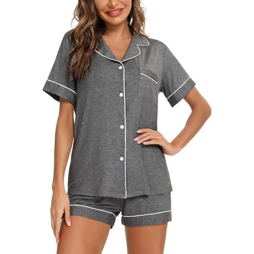 Aamikast Button Up Pajama Set for Women Shorts Short Sleeve Knit Sleepwear 2 Pice Pjs Sets