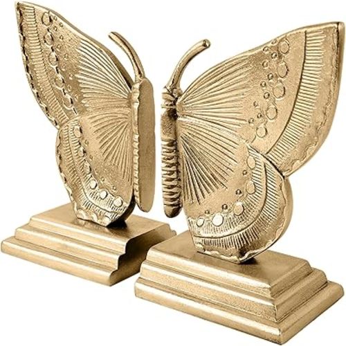 Vintage Brass Decorative Bookends Butterfly Design, Heavy Sturdy Cast Iron Book Ends, Metal Bronze Shelves Stoppers Holder Decor, 1Pair/2Piece
