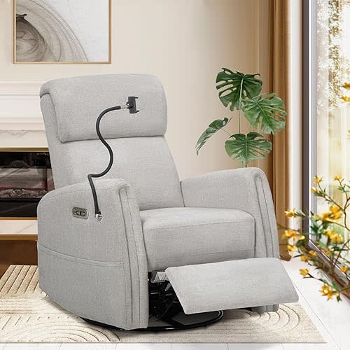 COLAMY Power Recliner Chair Swivel Glider Rocker for Nursery, Upholstered Fabric Living Room Rocking Reclining Single Sofa Chair with 2 Device Holders, Dove Grey