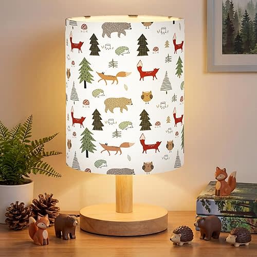 VIHOSE Woodland Animals Kids Table Lamp for Bedroom Kids Bedside Lamp with Linen Wooden Nightstand Cartoon Nursery Lampshade for Girls Boys Living Room