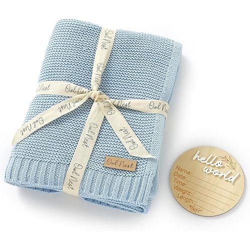 Baby Blanket - 100% Cotton Knit Blanket - Receiving Swaddle Blanket - Cotton Warm Cozy Unisex Cuddle Stroller Swaddling Crib Blanket for Newborns, Infants Toddler, Spanish Blanket (Baby Blue)