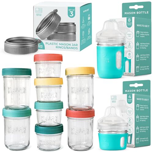 Newborn Essentials Bundle | Complete Baby Glass Bottle & Breastmilk Storage Kit | 4oz & 8oz Mason Jars w/Lid + Slow Flow Nipples for 0-3 Months + Plastic Mason Jar Rings & Caps + Silicone Sleeves