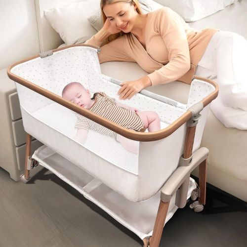 Motherly Haven Baby Bassinet Bedside Sleeper, Portable Crib for Newborns, Adjustable 7-Height Auto-Lock, with Wheels, Soft Mattress & Breathable Mesh