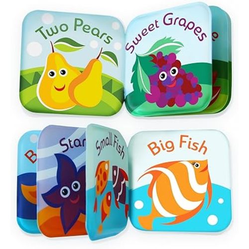 Floating Baby Bath Books Set of 4 - Bath Books for Babies, Infants - Waterproof, Mold-Free Bath Toys for Learning & Early Education (Fruit, Ocean, ABC, Numbers Books)