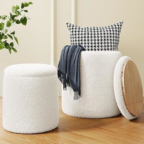 Round Boucle Ottoman with Storage Set of 2, White Ottoman Poufs for Living Room, Sherpa Storage Ottoman Stool, Cute Teddy Ottoman Foot Rest Stool, White Makeup Vanity Stool Chair, Small Coffee Table
