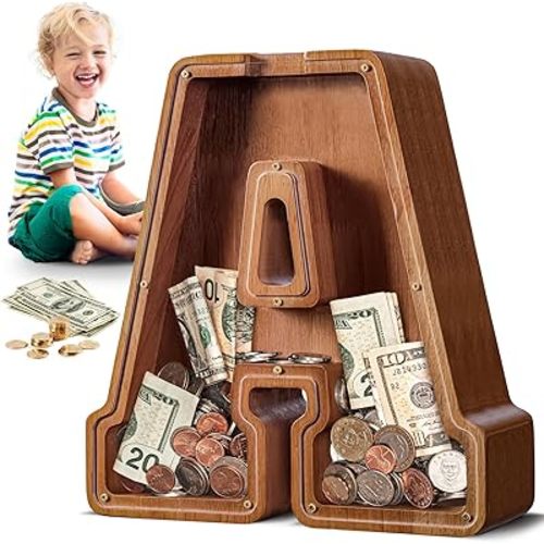 Large Wooden Piggy Bank for Kids Adults, Alphabets Letter A-Z Piggy Bank for Boys Girls, Coins Bills Change Bank Box Personalized Initial Name Kids Money Bank for Birthday Present and Decor