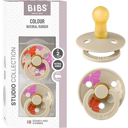 BIBS Pacifiers - Colour Studio 2 Pack | Round Nipple Baby Pacifier | BPA Free Natural Rubber Latex Soother | Made in Denmark | Size 6+ Months | Morning Bloom Vanilla