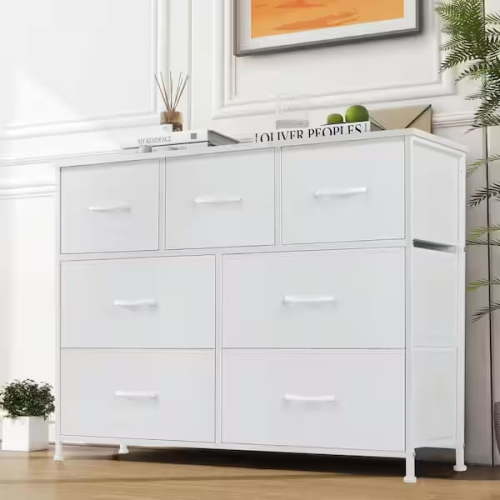 7-Drawer Dresser for Bedroom, Anti-Tip Tall Storage Organizer Chest of Drawers with Wooden Top and Metal Frame Fabric Bins for Nursery, Closet, Living Room, Entryway, White