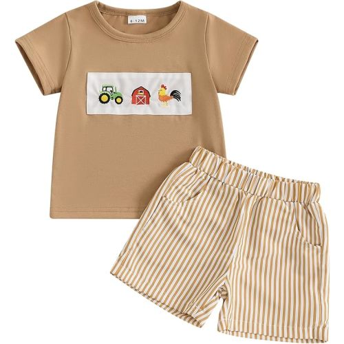 Toddler Baby Boy Clothes Birthday Truck Embroidery Smocked Short Sleeve Shirt T-Shirt + Gingham Shorts 1T 2T 3T 4T