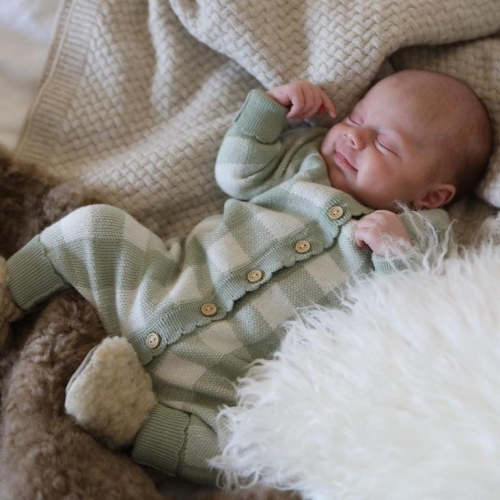 Organic Cotton Gingham Baby Romper - Sage/Cream